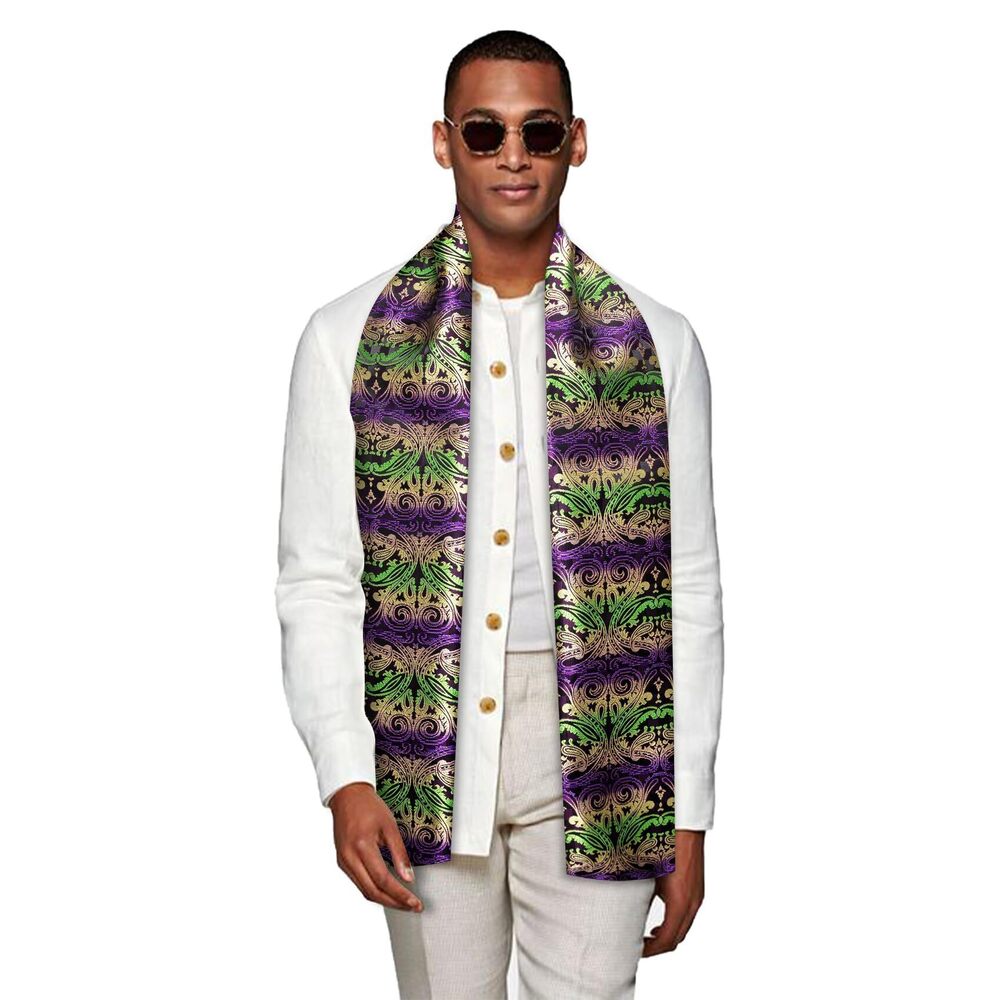 5346 Mardi Gras Scarf Purple Green Gold Paisley Silk Lightweight Feeling